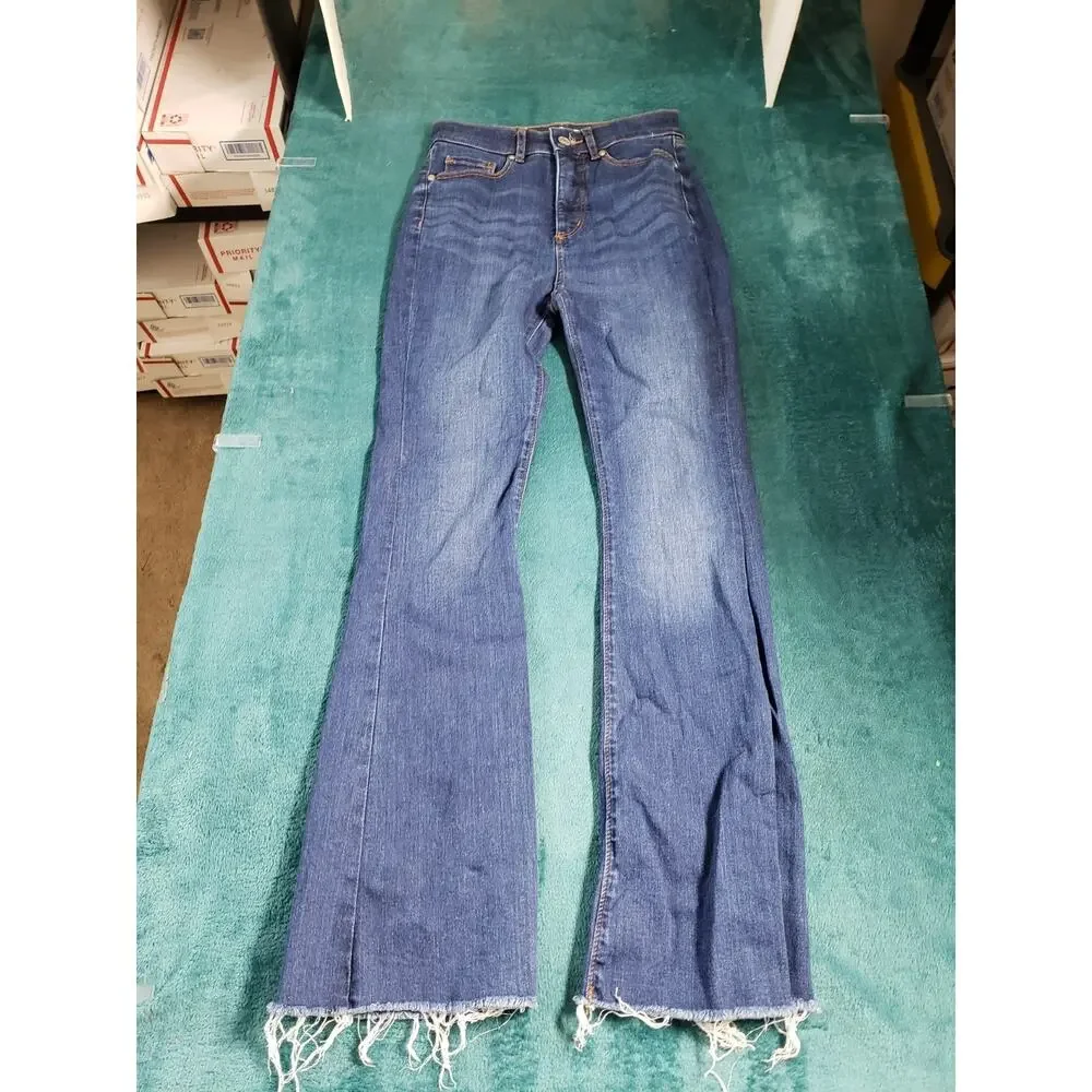 Loft Jeans Size 00 Petite Women Blue Pants Stretch Fray Hem Mid Rise Slim flared